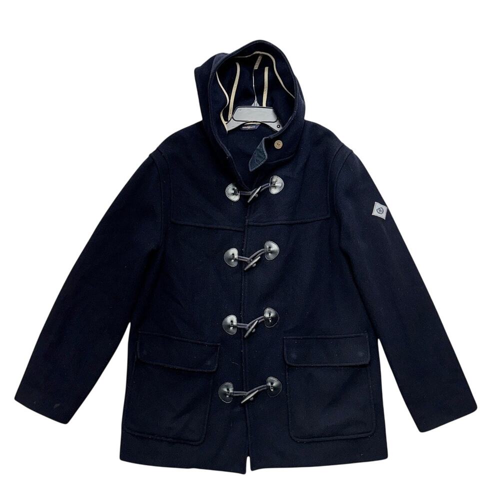 Vintage Henri Lloyd Duffle Coat Large Blue Wool Blend Hooded Dean Outdoor 90s